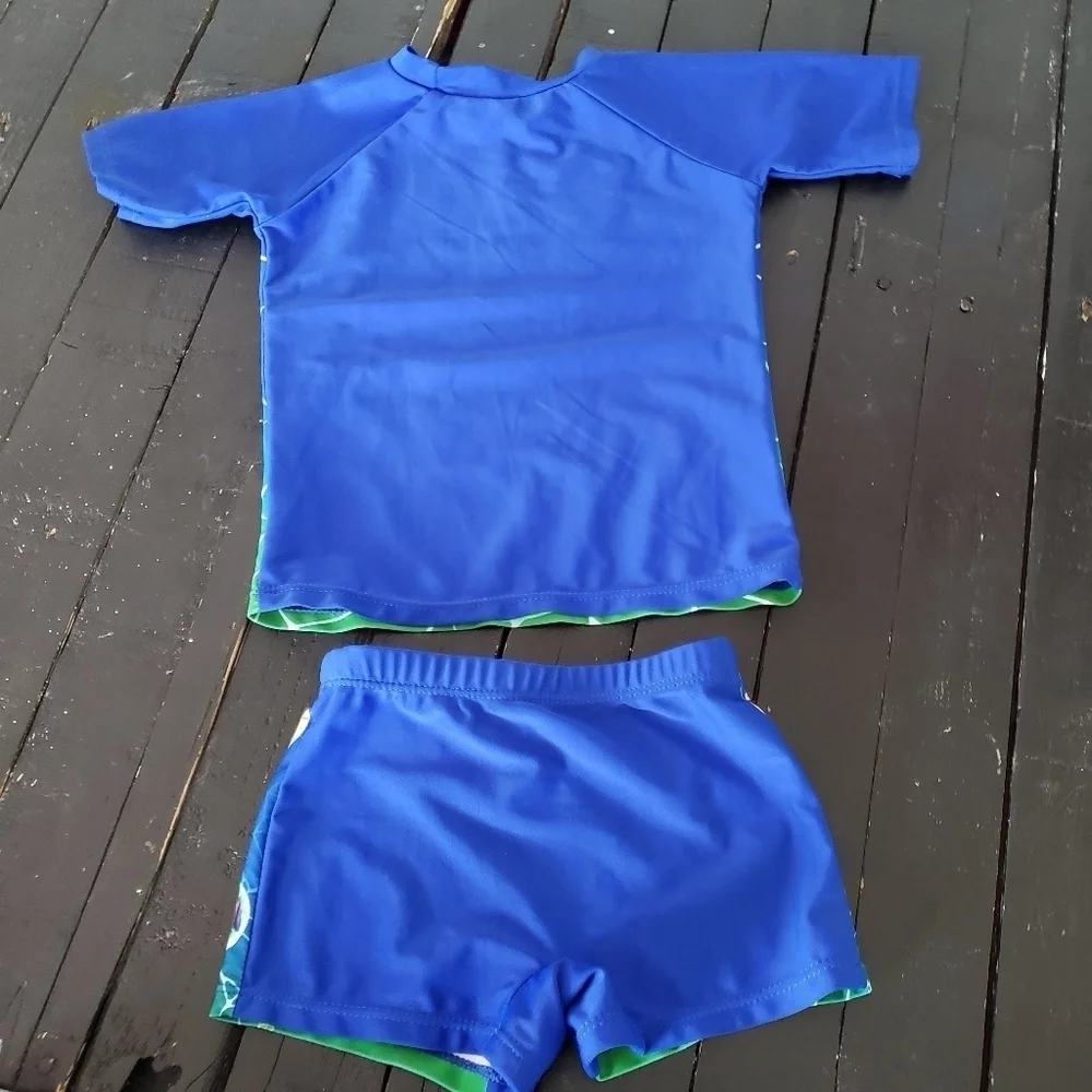 Spiderman Two Piece Swim Set Rash Guard Trunks Blue Green Baby Boy Medium 3-6 Mo